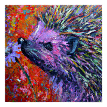 Hedgehog smelling a flower Palette Knife style art