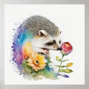 Hedgehog smelling a red rose poster
