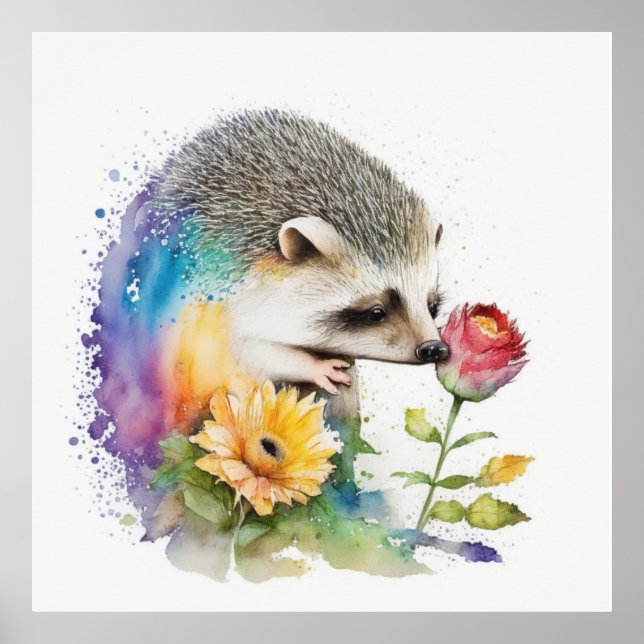 Hedgehog smelling a red rose poster (Front)