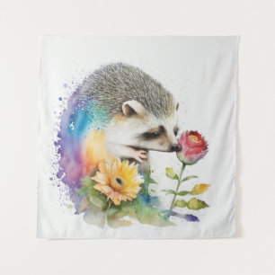 Hedgehog smelling a red rose tapestry
