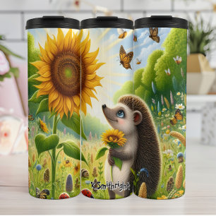 Hedgehog Smelling a Sunflower Thermal Tumbler
