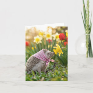 Hedgehog Sniffing a Yellow Daffodil Card