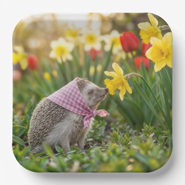 Hedgehog Sniffing a Yellow Daffodil Paper Plate (Front)