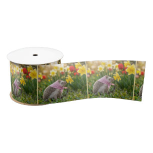 Hedgehog Sniffing a Yellow Daffodil Satin Ribbon
