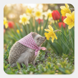 Hedgehog Sniffing a Yellow Daffodil Square Sticker