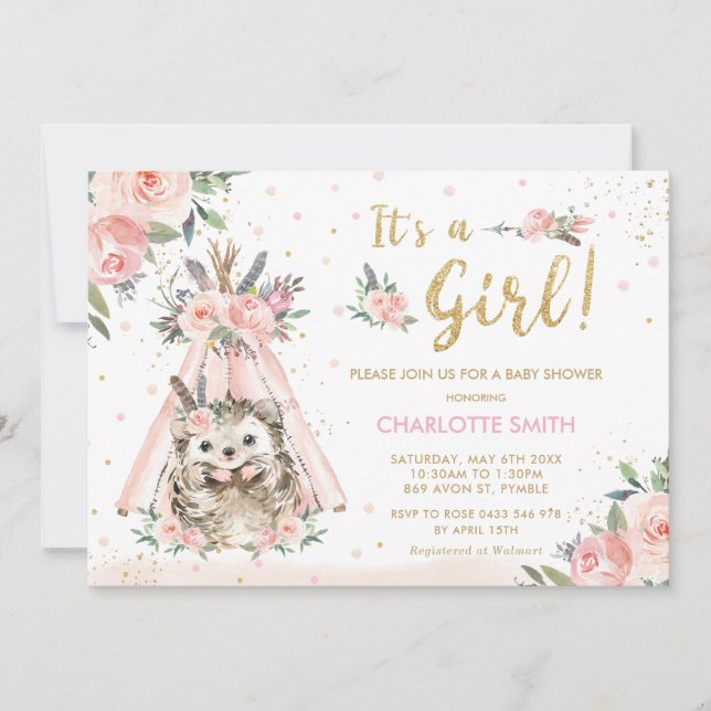 Hedgehog Tribal Blush Floral Girl Baby Shower Invitation (Front)
