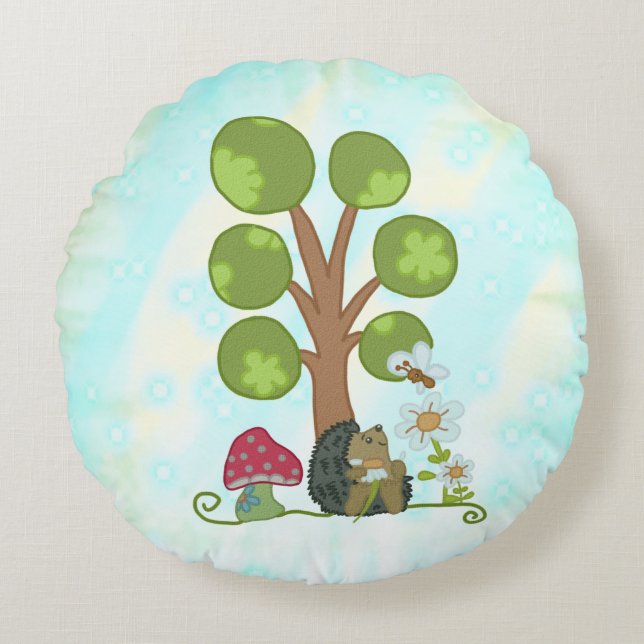 hedgehog under tree round cushion (Front)
