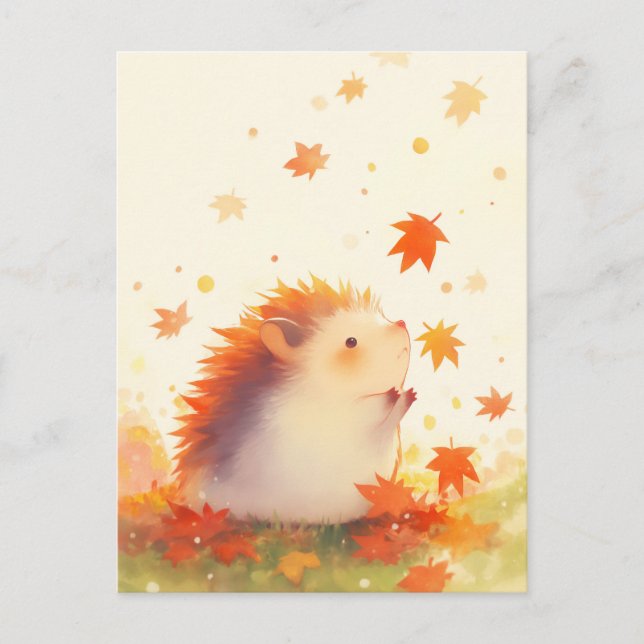 Hedgehog Watching Falling Autumn Maple Leaf Postcard (Front)
