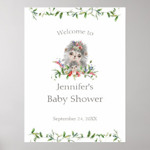 Hedgehog Watercolor Floral Baby Shower Welcome Poster