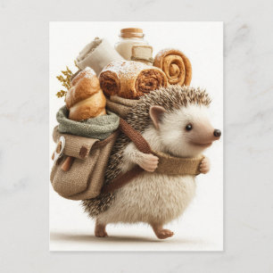 Hedgehog Wearing a Backpack Filled with Pastries Holiday Postcard