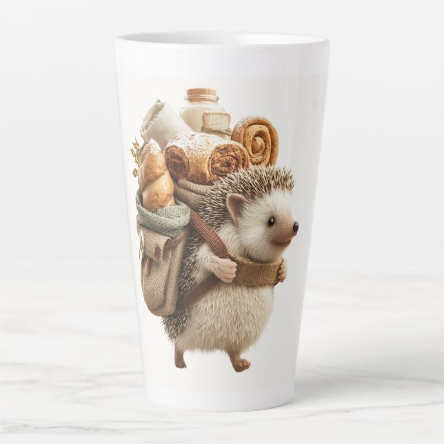 Hedgehog Wearing a Backpack Filled with Pastries Latte Mug (Front)