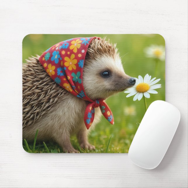 Hedgehog Wearing a Headscarf Sniffing a Daisy Mouse Mat (With Mouse)
