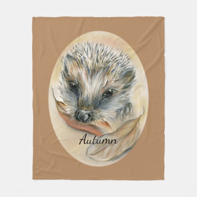 Hedgehog with Autumn Leaves Personalised Fleece Blanket (Front)