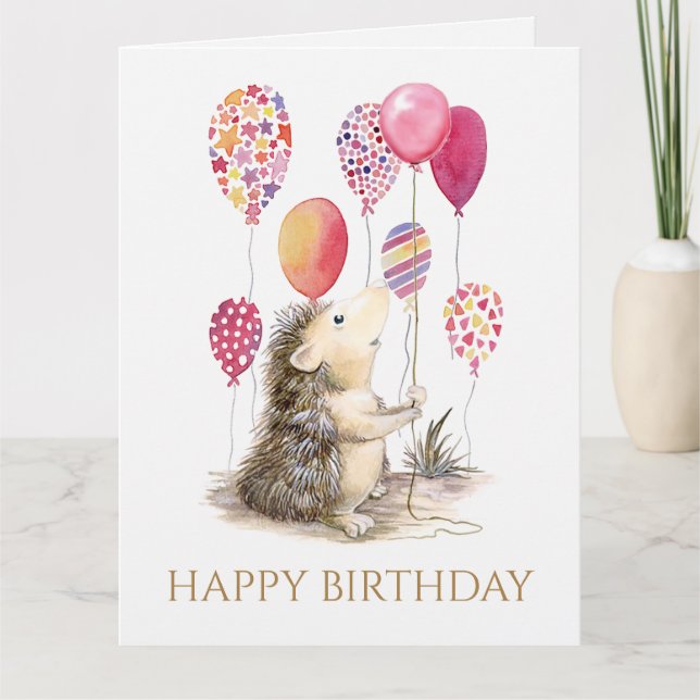 Hedgehog with pink balloons Happy Birthday Card (Front)