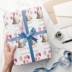 Hedgehog with pink balloons Happy Birthday Wrapping Paper