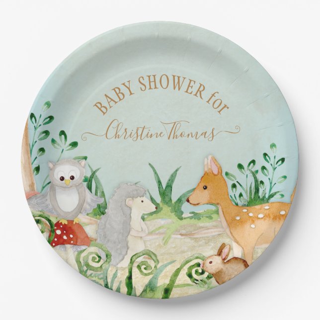 Hedgehog Woodland Creatures Fox Deer Baby Shower Paper Plate (Front)