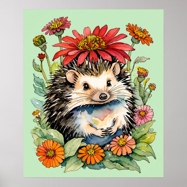 Hedgehog Zinnia Flowers Art Hedgehogs Zinnias      Poster (Front)