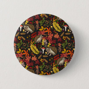 Hedgehogs and autumn forest flora on black 6 cm round badge