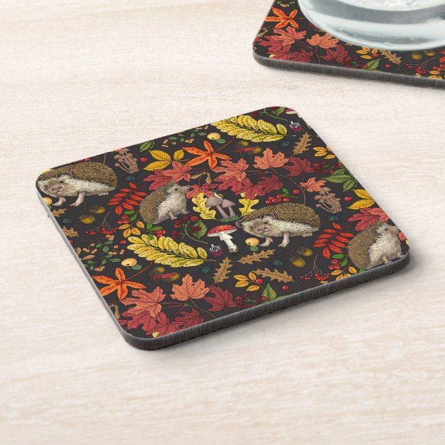Hedgehogs and autumn forest flora on black coaster (Left Side)
