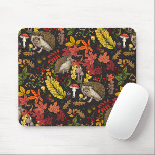 Hedgehogs and autumn forest flora on black mouse mat