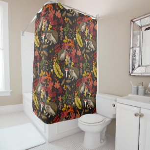 Hedgehogs and autumn forest flora on black shower curtain