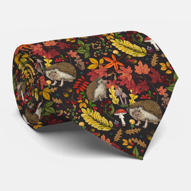 Hedgehogs and autumn forest flora on black tie (Rolled)