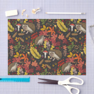 Hedgehogs and autumn forest flora on black tissue paper