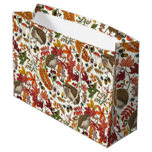 Hedgehogs and autumn forest flora on ivory large gift bag