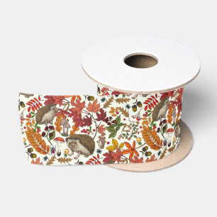 Hedgehogs and autumn forest flora on ivory satin ribbon