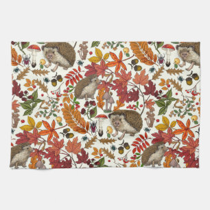 Hedgehogs and autumn forest flora on ivory tea towel