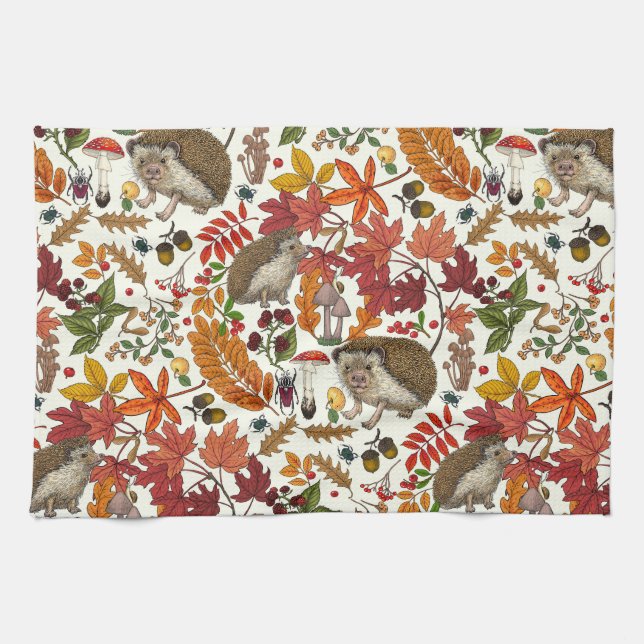 Hedgehogs and autumn forest flora on ivory tea towel (Horizontal)