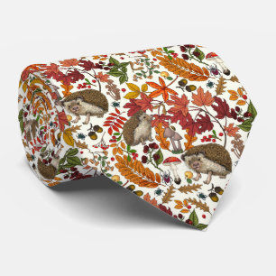 Hedgehogs and autumn forest flora on ivory tie