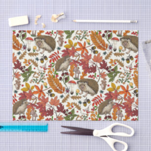 Hedgehogs and autumn forest flora on ivory tissue paper
