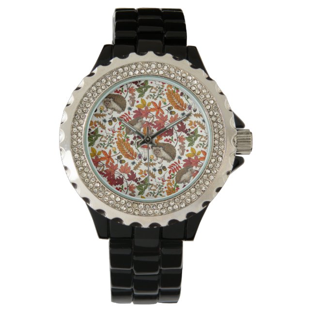 Hedgehogs and autumn forest flora on ivory watch (Front)