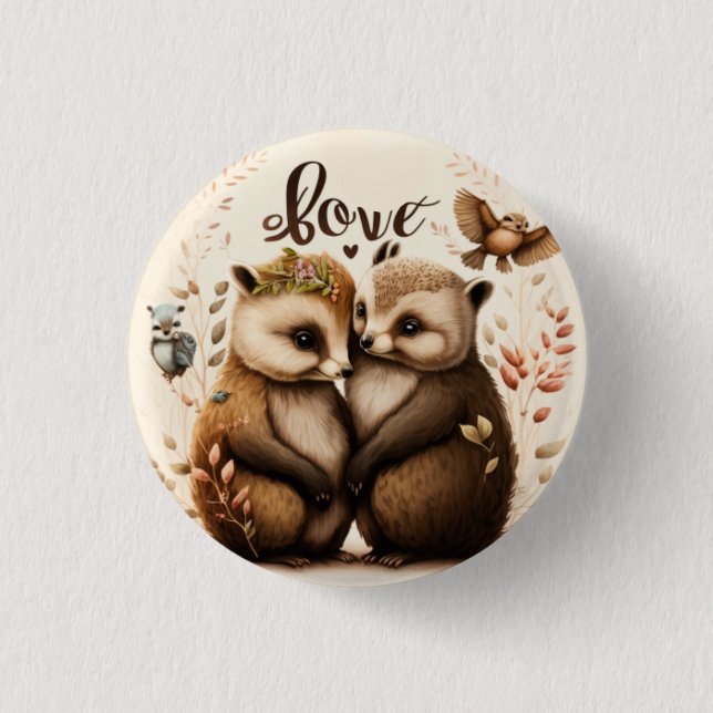  hedgehogs in love 3 cm round badge (Front)