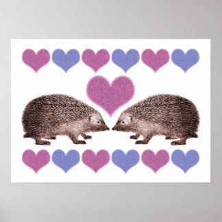Hedgehogs in Love Folk Art Style Hearts Poster
