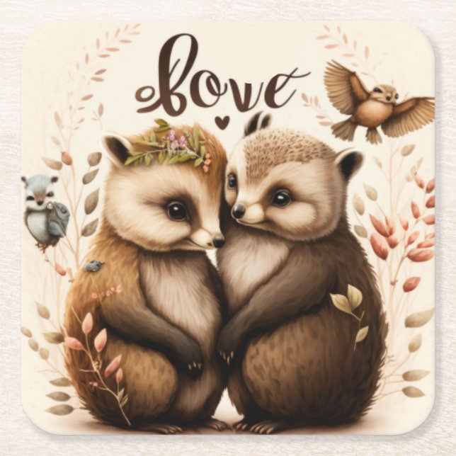  Hedgehogs in love         Square Paper Coaster (Front)
