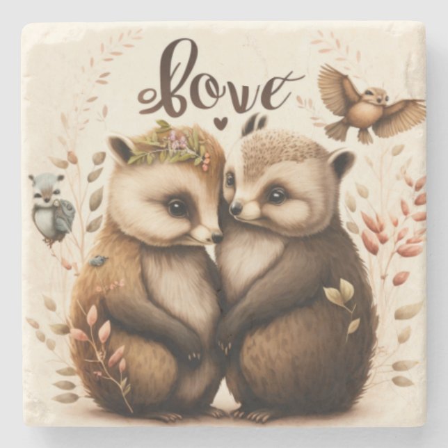  hedgehogs in love       stone coaster (Front)