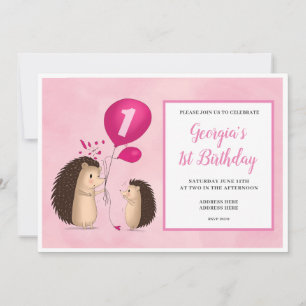 Hedgehogs with Balloon - 1st Birthday - Pink Invitation