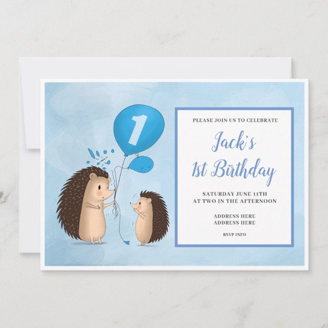 Hedgehogs with Balloons - 1st Birthday - Blue Invitation (Front)