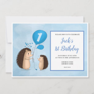 Hedgehogs with Balloons - 1st Birthday - Blue Invitation