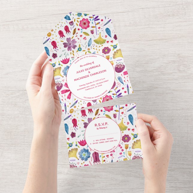 Hedgerow Wild Flowers Watercolor Painting All In One Invitation (Tearaway)