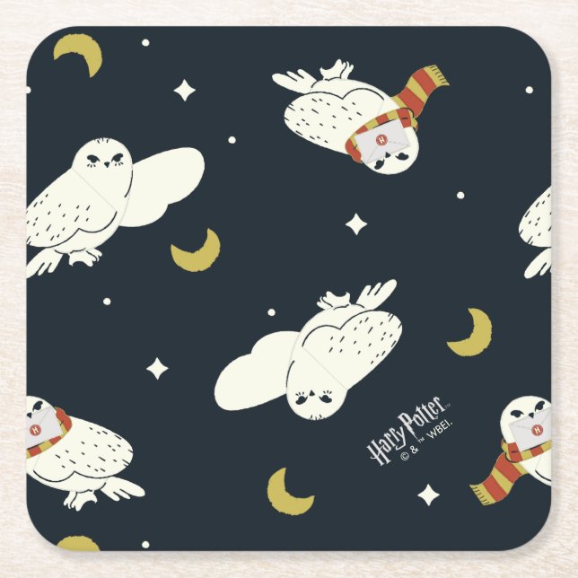 Hedwig Nighttime Moonlight Pattern Square Paper Coaster (Front)