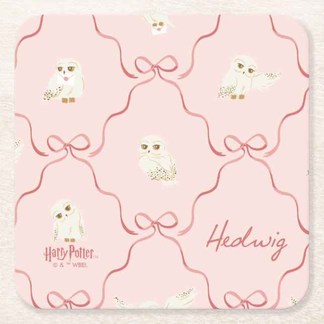 Hedwig Pink Ribbon Pattern Square Paper Coaster (Front)