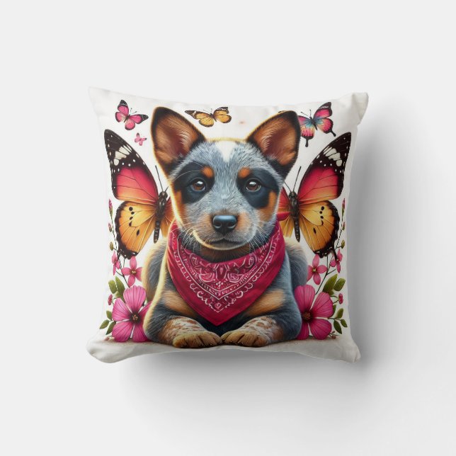 Heeler Puppy Surrounded by Butterflies and Flowers Cushion (Front)
