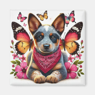 Heeler Puppy Surrounded by Butterflies and Flowers Magnet