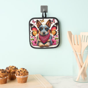 Heeler Puppy Surrounded by Butterflies and Flowers Pot Holder