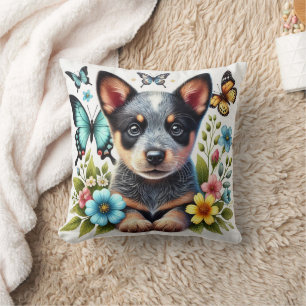 Heeler Puppy with Butterflies and Flowers  Cushion