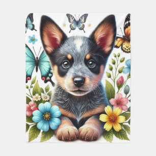 Heeler Puppy with Butterflies and Flowers  Fleece Blanket
