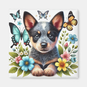 Heeler Puppy with Butterflies and Flowers  Magnet